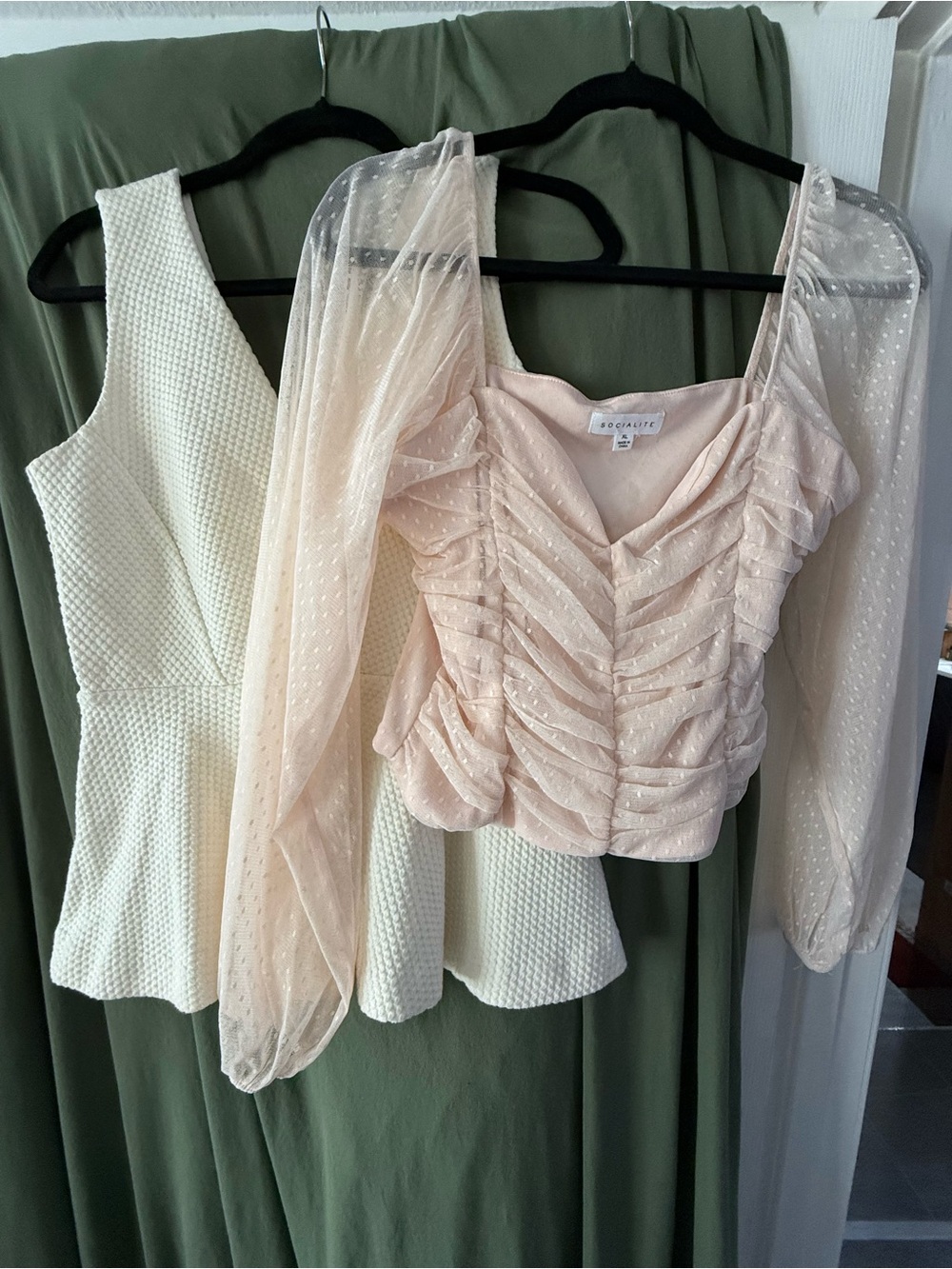 Blush Pink Pink Ruched Mesh Long-Sleeve Crop Top (XL) and Peplum Top (M)